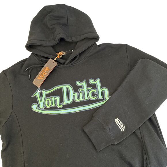 New Mens Von Dutch Hoodie Sweatshirt Size Large Black Spellout NWT Textured - Picture 1 of 7